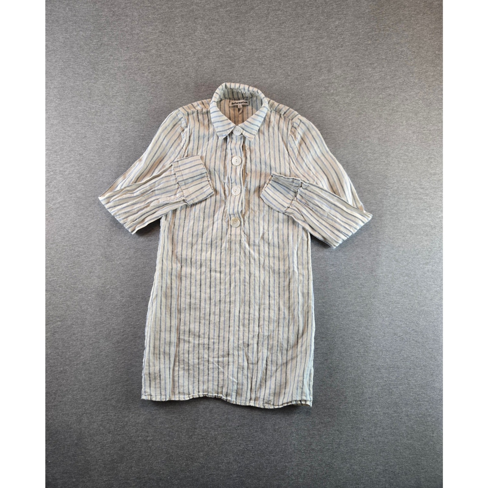 Reformation Malcolm Dress Womens Xs Blue White Striped Linen Button Front Mini